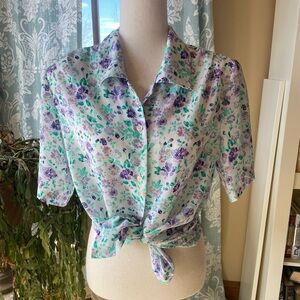 Vintage green and purple floral button down blouse